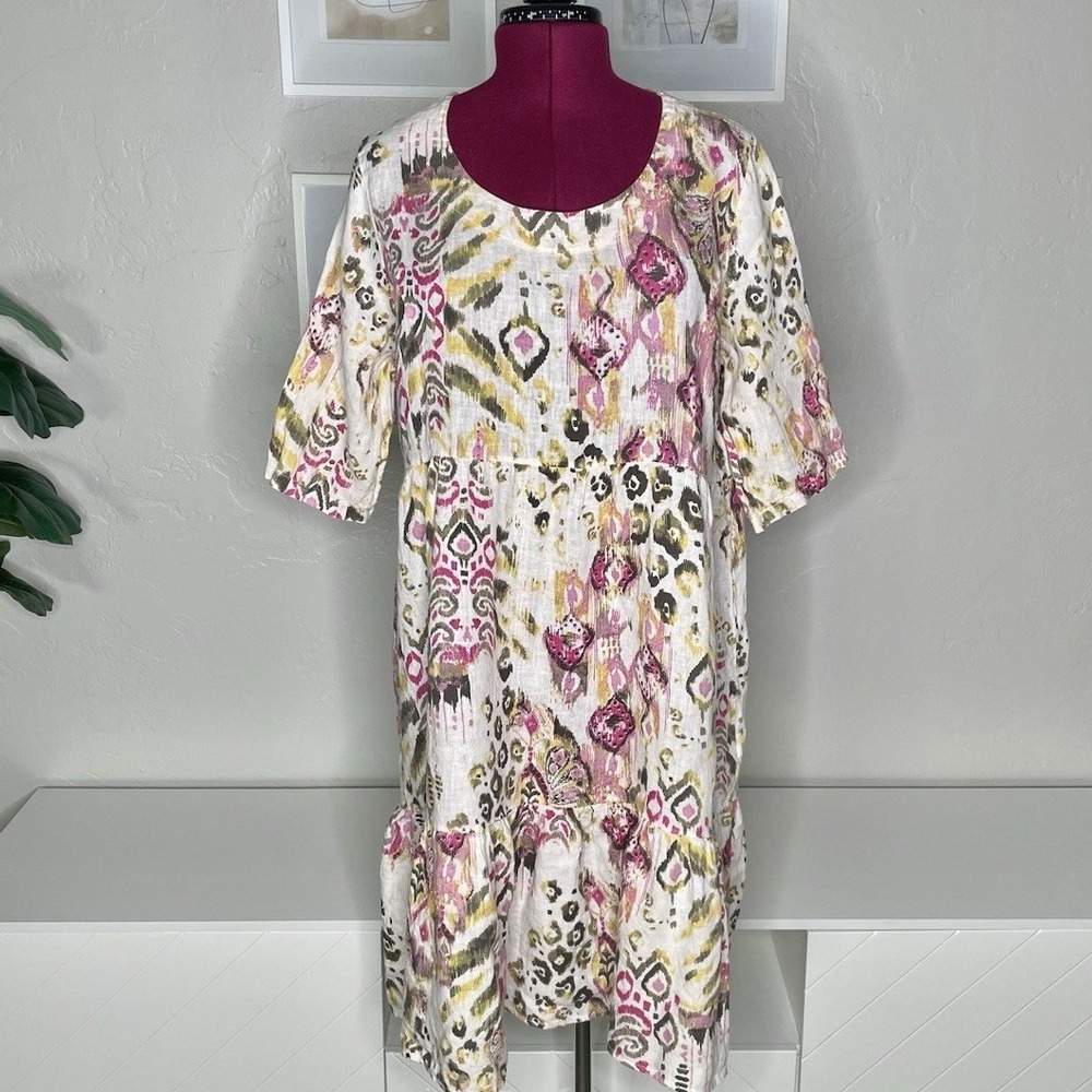 WoolOvers Linen Dress Womens 12 Pink Yellow Ikat Tiered Babydoll W286L